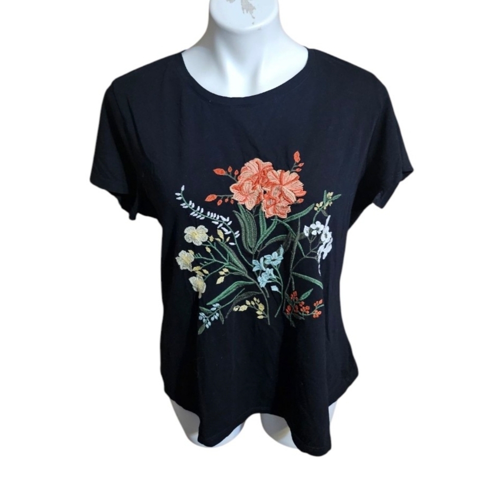 Style & Co Floral Embroidered Tee Black Size L - Picture 3 of 11